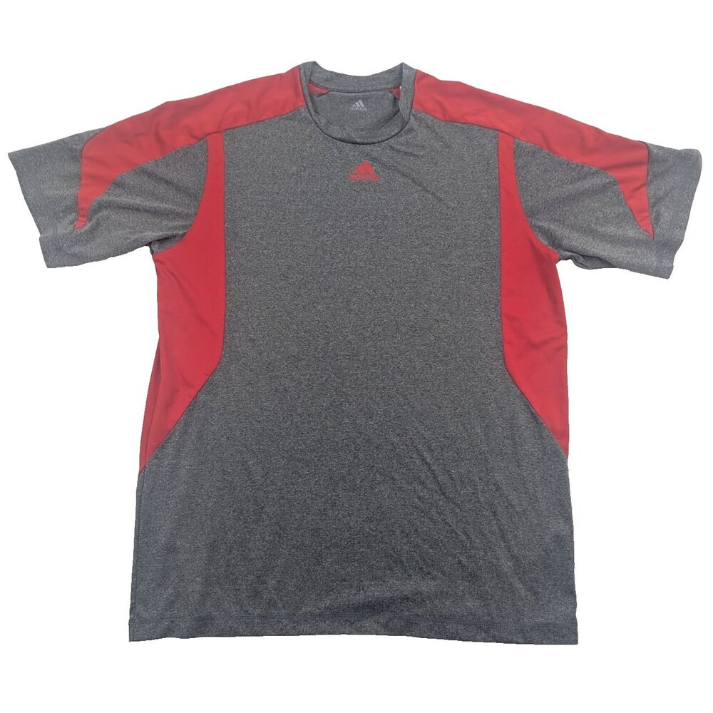 Adidas Mens Short Sleeve Tech Workout Shirt L Red Gray Moisture Wick Stretch